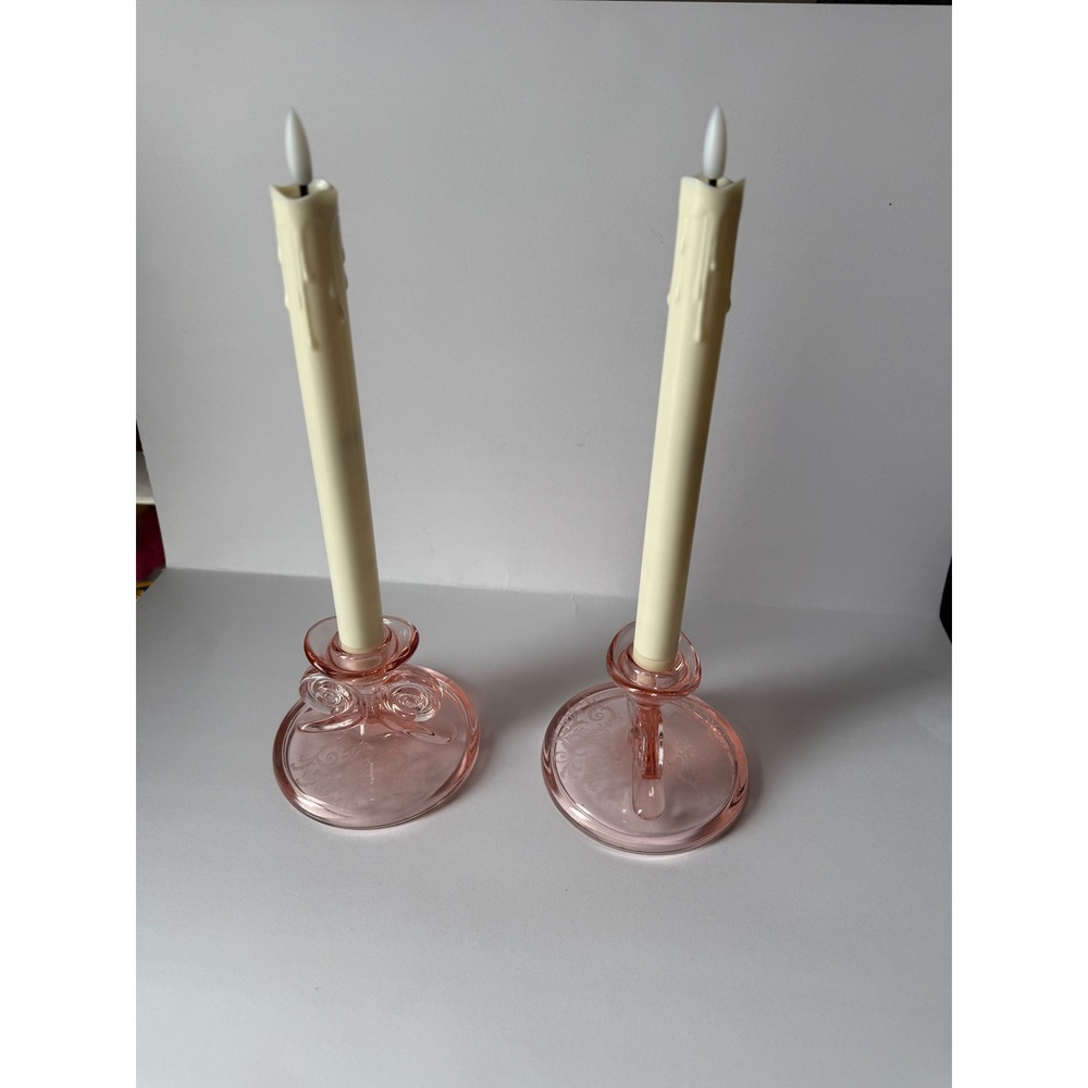 Vintage Pink Depression Glass Etched Versailles Scroll Candlestick Holders (2)